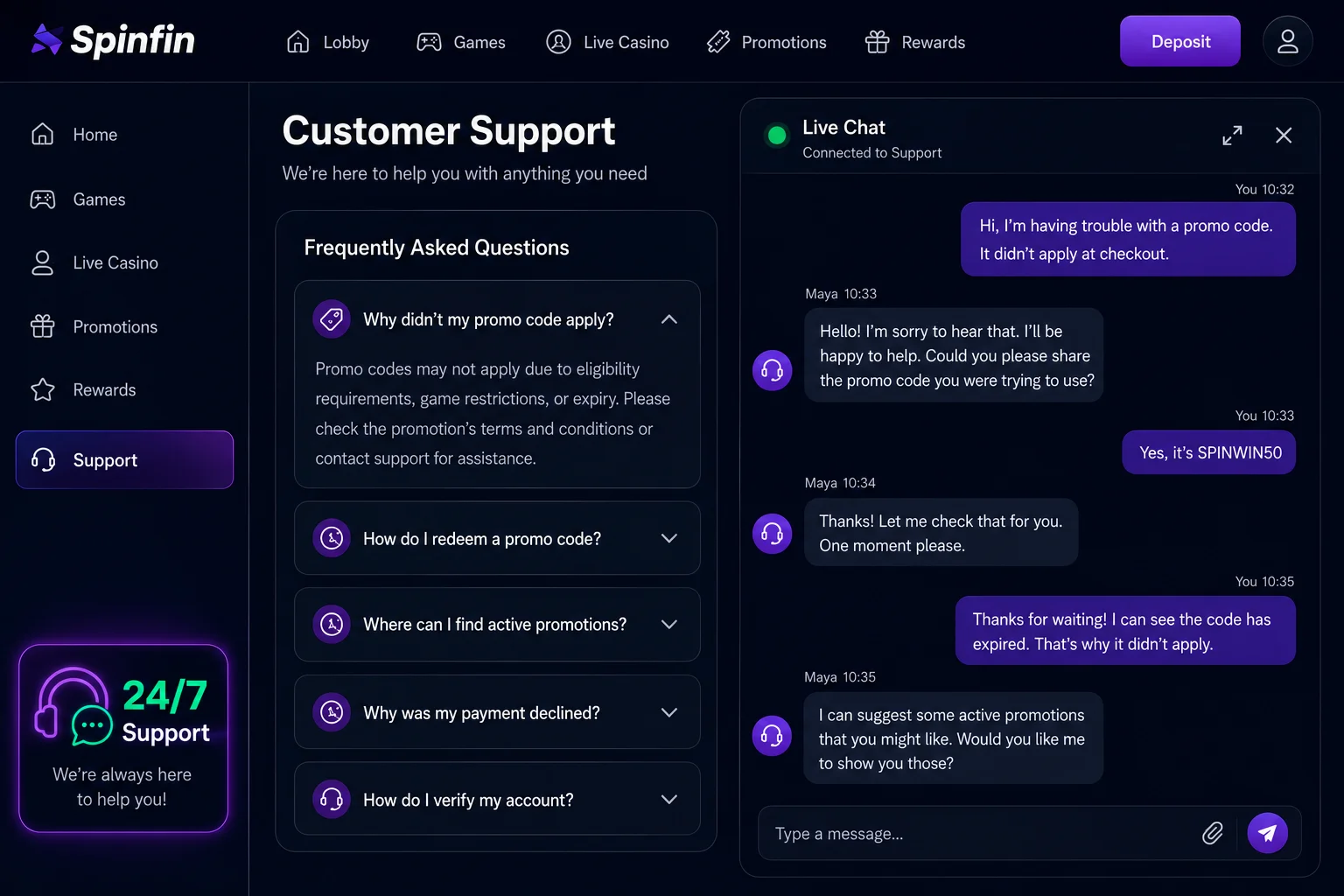Customer support: what to do if your code doesn't work — Spinfin promo code assistance Customer support: what to do if your code doesn't work — Spinfin promo code